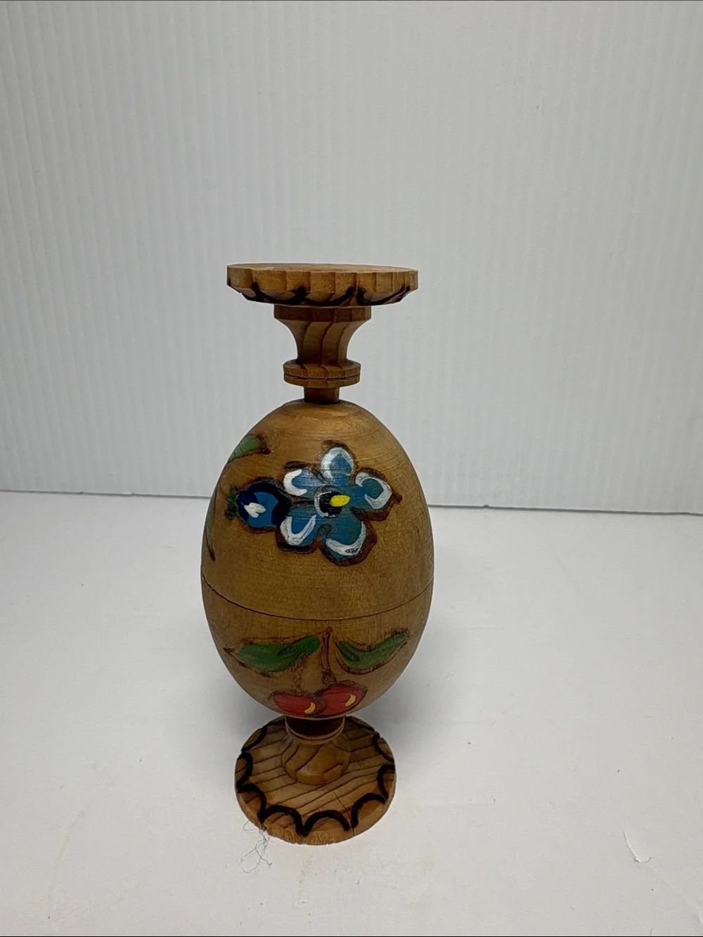 Handcrafted Wooden Egg Stand with Blue Floral Accent